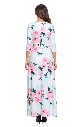 White Floral Print Wrapped Long Boho Dress