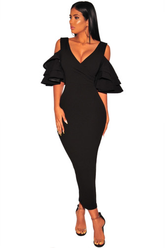 Black Tiered Sleeve Cold Shoulder Bodycon Dress