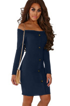 Navy Button Front Ribbed Bardot Mini Dress