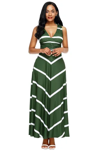 Olive V Neck Cut out Back Printed Maxi Dress