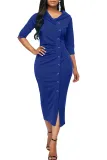 Blue Button Up Front Slit Sheath Midi Dress