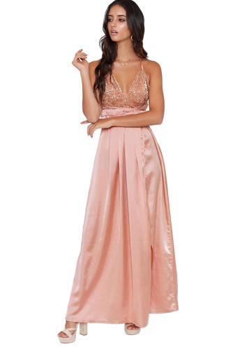 Apricot Sequined Silky Maxi Party Dress
