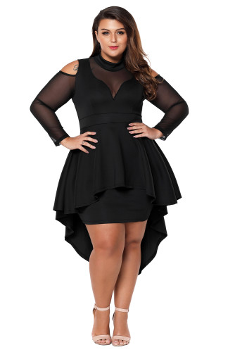 Black Plus Size Mesh Trim Hi-Lo Peplum Bodycon Dress