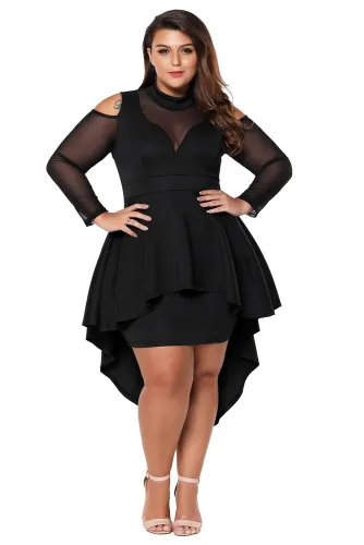 Black Plus Size Mesh Trim Hi-Lo Peplum Bodycon Dress