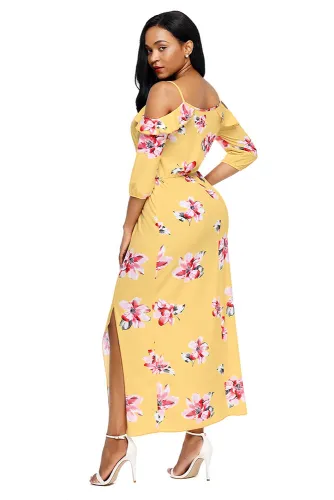 Yellow Cold Shoulder Floral Slit Maxi Dress