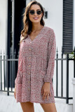 Red Printed V Neck Buttoned Long Sleeve Shirt Dress
