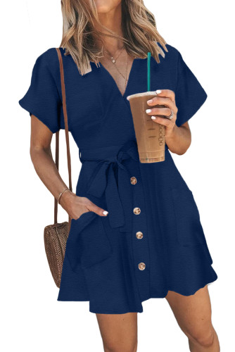 Blue Button Short Sleeve Casual Dress