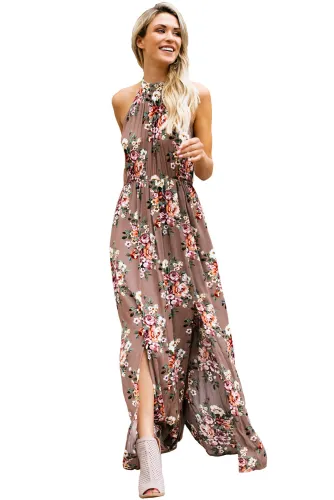 Brown Floral Print Front Slit Halter Boho Dress