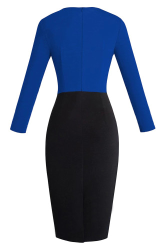 Royal Blue Contrast Waist Long Sleeve Sheath Dress