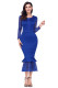 Navy Blue Hollow-out Long Sleeve Lace Ruffle Bodycon Midi Dress