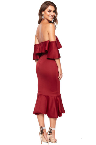 Burgundy Sexy Off Shoulder Ruffled Cocktail Dress