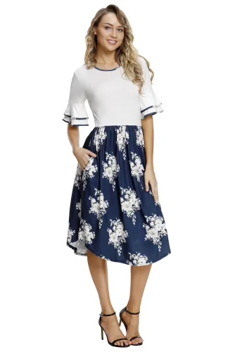 White Top Flora Skirt Layered Bell Sleeve Dress