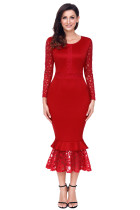 Red Hollow-out Long Sleeve Lace Ruffle Bodycon Midi Dress
