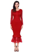 Red Hollow-out Long Sleeve Lace Ruffle Bodycon Midi Dress