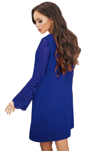 Blue Sheer Floral Sleeve Swing Dress