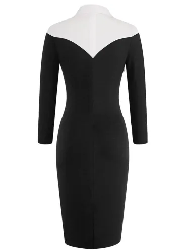 Shirt Style Patchwork Black Midi Dress