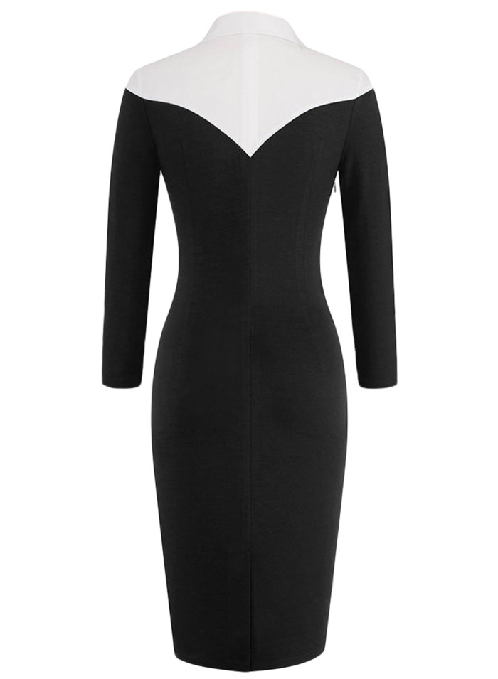 Shirt Style Patchwork Black Midi Dress