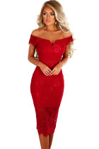 Red Lace Bardot Midi Dress