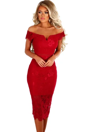 Red Lace Bardot Midi Dress
