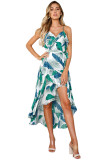 Green Blue Palm Print Ruffle Detail Sundress