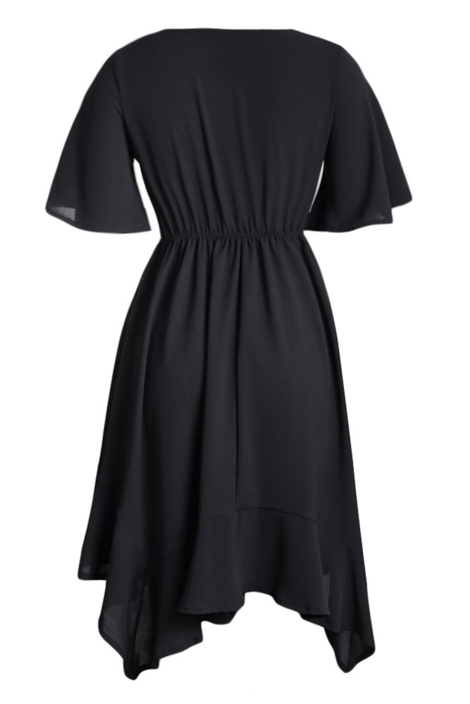 Black Chiffon Irregular Hem Short Sleeve Pleated Dress