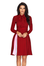 Patchwork Tie Neck Long Sleeve Burgundy Flared Dress