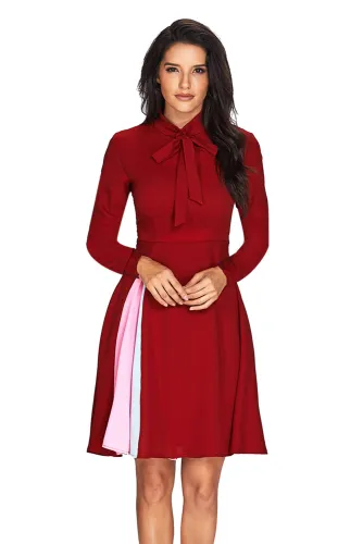 Patchwork Tie Neck Long Sleeve Burgundy Flared Dress