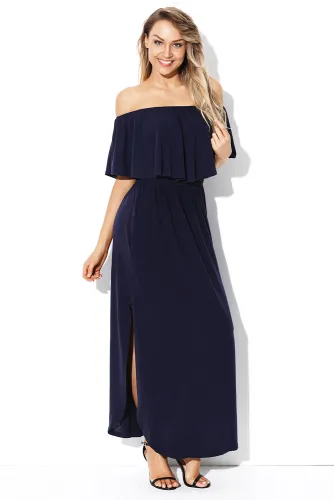 Navy Flounce Off Shoulder Maxi Jersey Dress