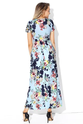 Pocket Design Short Sleeve Light Blue Floral Maxi Dress