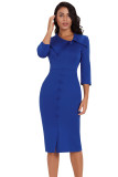 Dark Blue 3/4 Sleeve Button Detail Bodycon Midi Dress