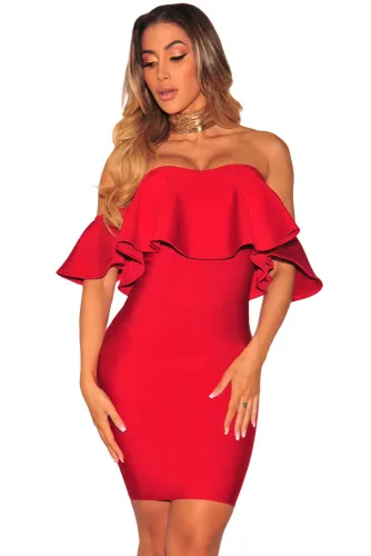Hot Red Ruffle Off Shoulder Bandage Dress