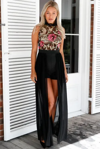 Black Sheer Mesh Embroidery Chiffon Romper Maxi Dress