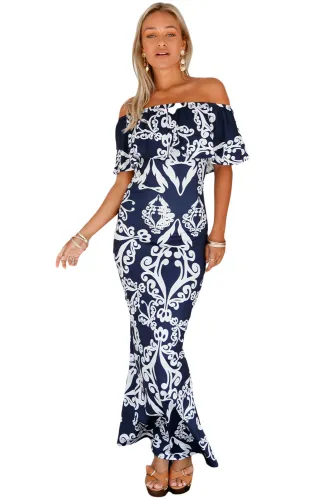 White Tendril Print Navy Off-the-shoulder Maxi Dress