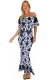 White Tendril Print Navy Off-the-shoulder Maxi Dress