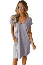 Gray V Neck Cuffed T-shirt Dress