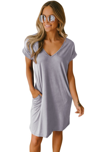 Gray V Neck Cuffed T-shirt Dress