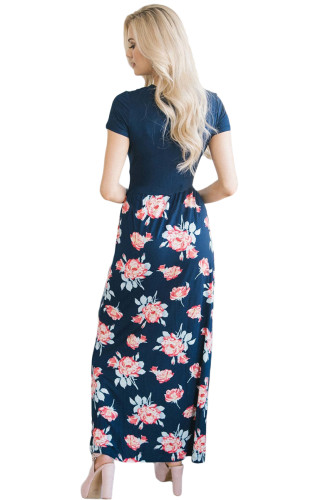 Navy Wrap V Neck Tie Side Floral Maxi Dress