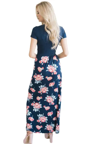 Navy Wrap V Neck Tie Side Floral Maxi Dress