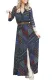 Navy Green Boho Print Belted Maxi Shirt Dress