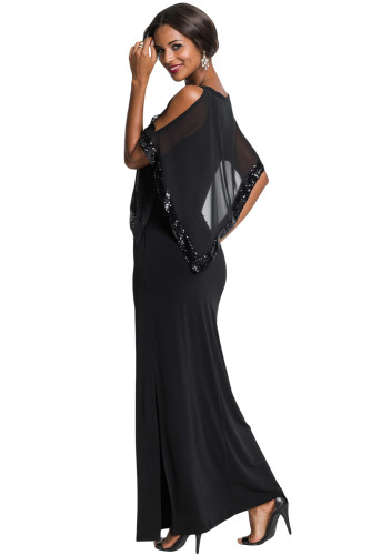 Black Sequin Mesh Overlay Poncho Party Dress