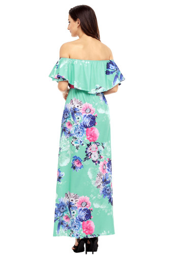 Flower Print Mint Grounding Off Shoulder Long Boho Dress
