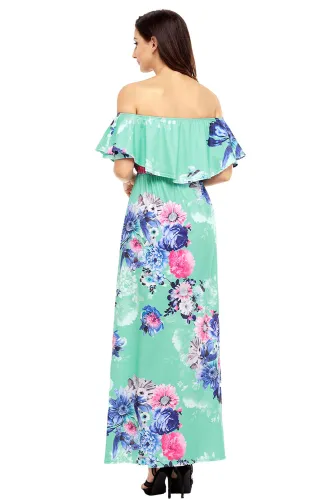 Flower Print Mint Grounding Off Shoulder Long Boho Dress