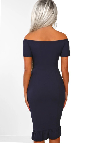 Navy Blue Frill Trim Short Sleeve Off Shoulder Midi Dress