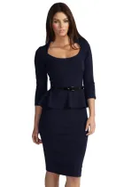 Dark Blue Long Sleeve Belted Peplum Midi Dress