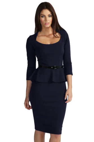 Dark Blue Long Sleeve Belted Peplum Midi Dress