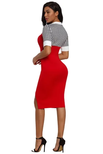 Houndstooth Patchwork Red Office Sheath Dress