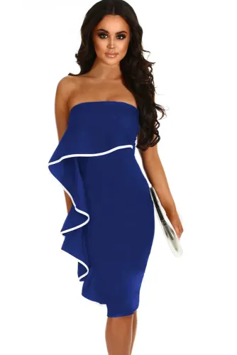 Navy Frill Strapless Midi Dress