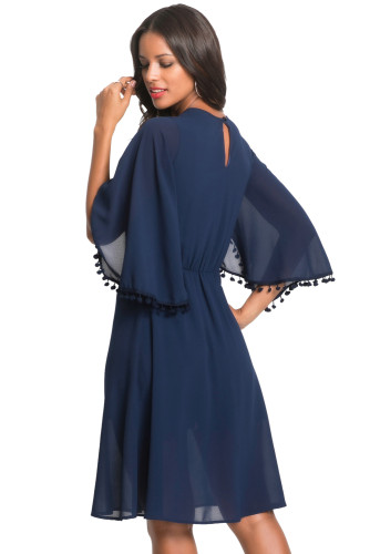 Navy Pompom Trim Bell Sleeve Chiffon Skater Dress
