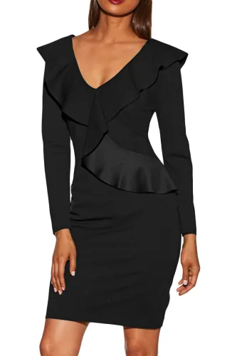 Black V Neck Long Sleeve Ruffle Dress