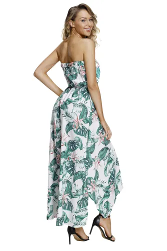 Summer Holiday Green Leaves Print White Maxi Dress